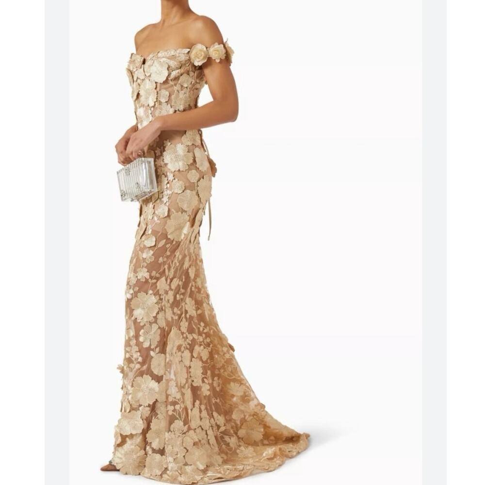 NWT Bronx and Banco Jasmine 3D Floral Off Shoulder Maxi Gown Gold Size S - Picture 12 of 16